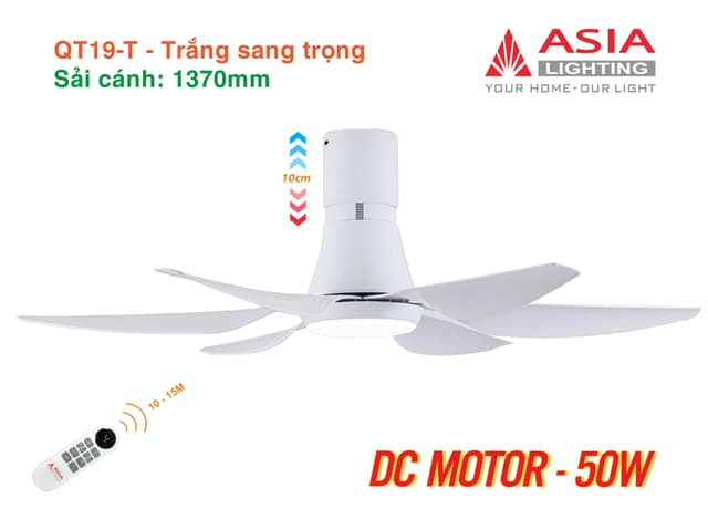 Quạt trần đèn cao cấp 6 cánh sải cánh 1370 QT19
